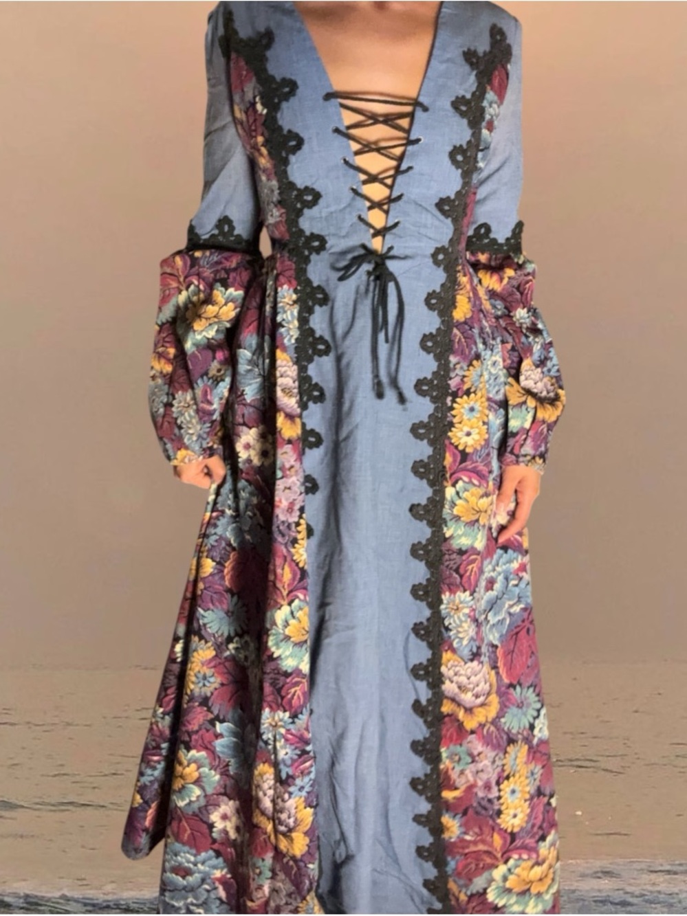 Gunne Sax Light Blue Maxi Dress with Multicolor Floral Panels
